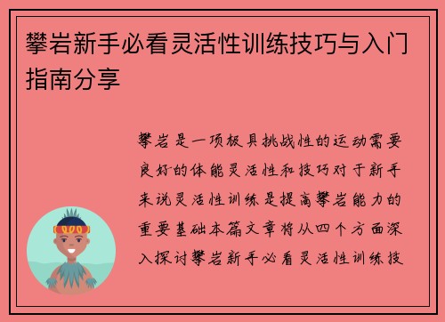 攀岩新手必看灵活性训练技巧与入门指南分享