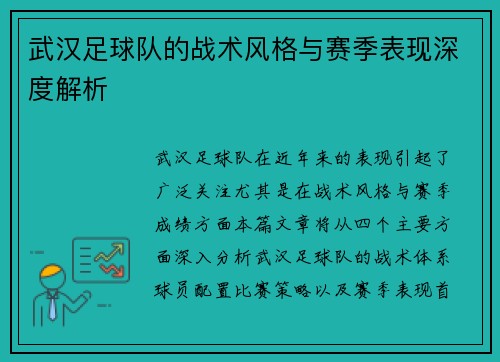武汉足球队的战术风格与赛季表现深度解析