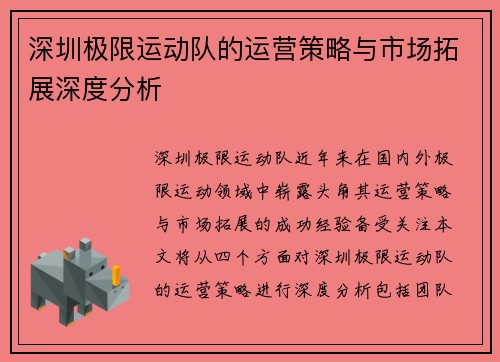 深圳极限运动队的运营策略与市场拓展深度分析
